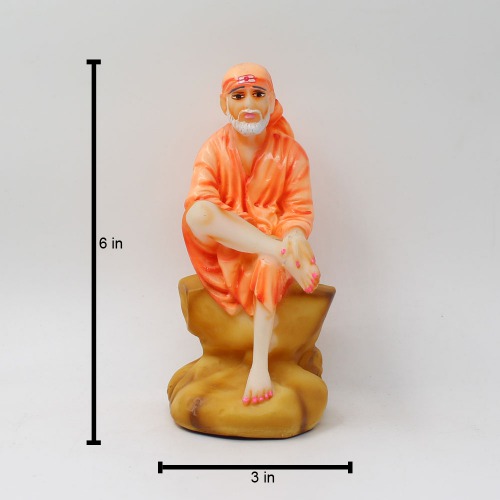 Sai Baba Sitting On Stone Statue Fiber Statue, Orange Sai baba, Medium Size 6 Inch