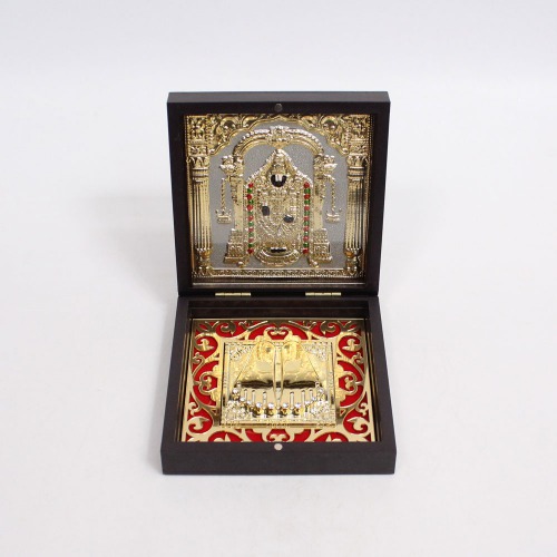 Gold Plated Tirupati Balaji Photo Frame with Charan Paduka,Plastic Box