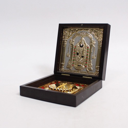 Gold Plated Tirupati Balaji Photo Frame with Charan Paduka,Plastic Box