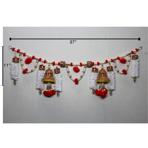 Pom Pom Toran with White Flower Gajra & Bell | Main Door Toran Online | Door Hanging Toran Online | For Diwali entrance decoration, Party, House Warming etc