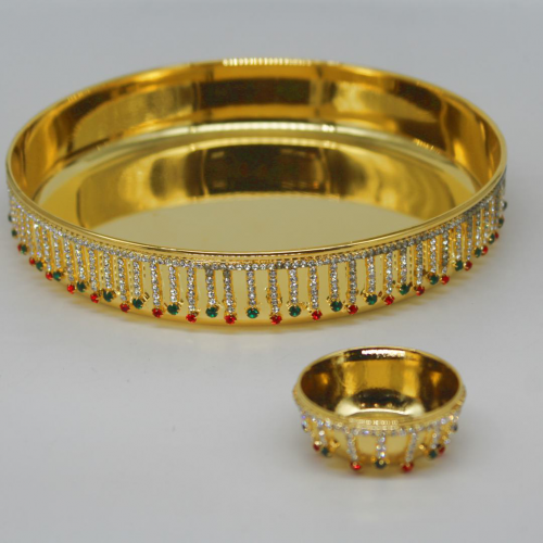 24K Gold Plated Brass Thali with Bowl and Line Diamond Designed