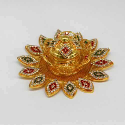 24K Gold Plated Brass Flower Shaped Kumkum Holder with Diamond Design