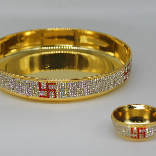 24K Gold Plated Brass Thali with Bowl and Swastik Diamond Design