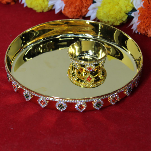 24K Gold Plated Brass Thali with Bowl and Paan Diamond Design