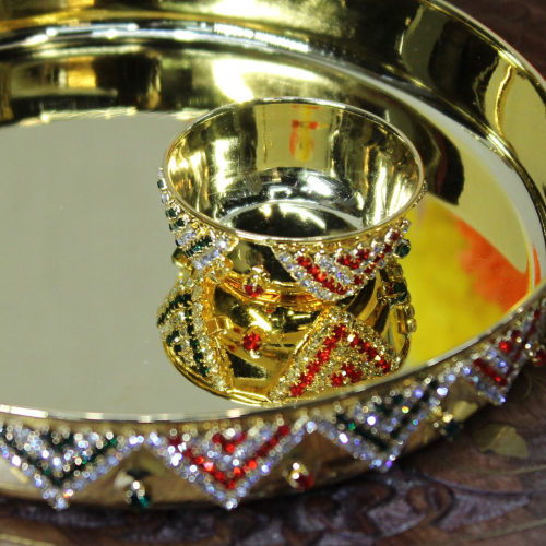 24K Gold Plated Brass Thali with Bowl and Triangle Diamond Design