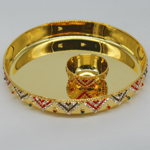 24K Gold Plated Brass Thali with Bowl and Triangle Diamond Design