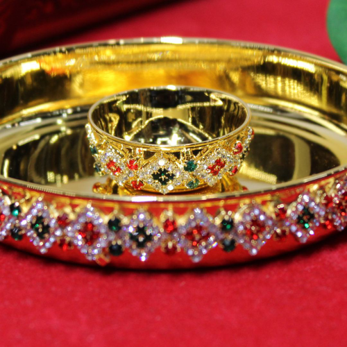 24K Gold Plated Brass Thali with Bowl and Diamond Design