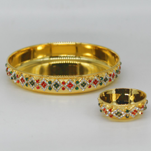 24K Gold Plated Brass Thali with Bowl and Diamond Design