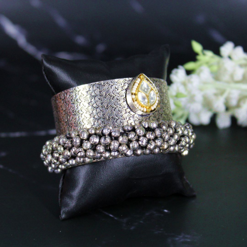 Oxidized Silver Ghungroo Cuff Bracelet Traditional Kada Bangle with Drop Gold and Moti Design in the Middle For Women and Girls