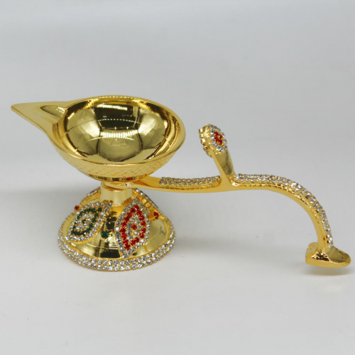 24k Gold Plated Brass Niranjan/Diya with Diamond Design